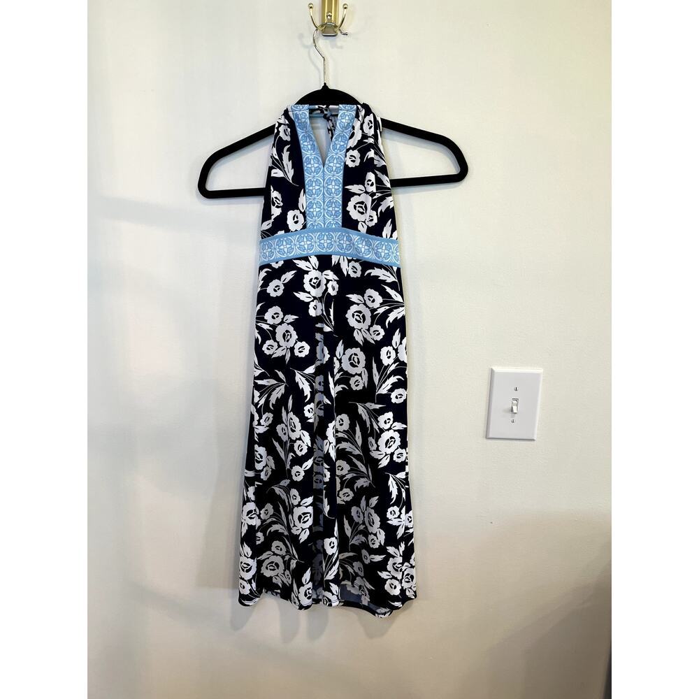 Ann Taylor LOFT Petite Halter Floral Dress Navy Blue White Resort Sundress 0P